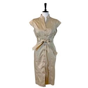 Calvin Klein Dress Tan Tie Waist Cap Sleeve Khaki Shirtdress Women's Size 8